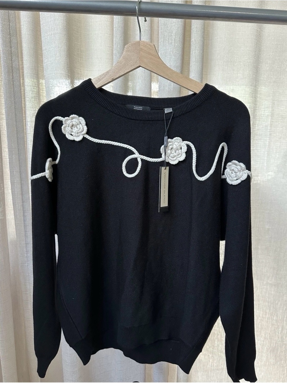 T Tahari Black Sweater with Cream Crochet Flower